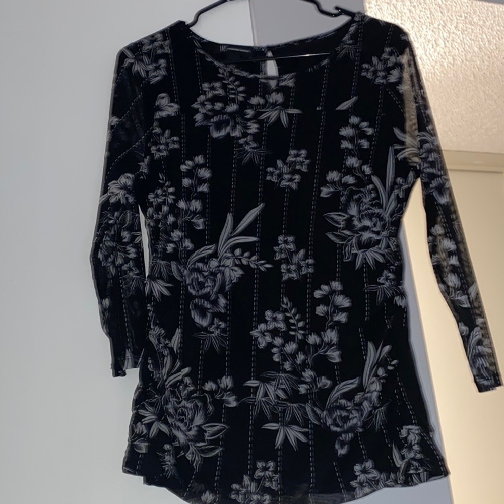INC International Concepts Black with White Floral 3/4 Blouse